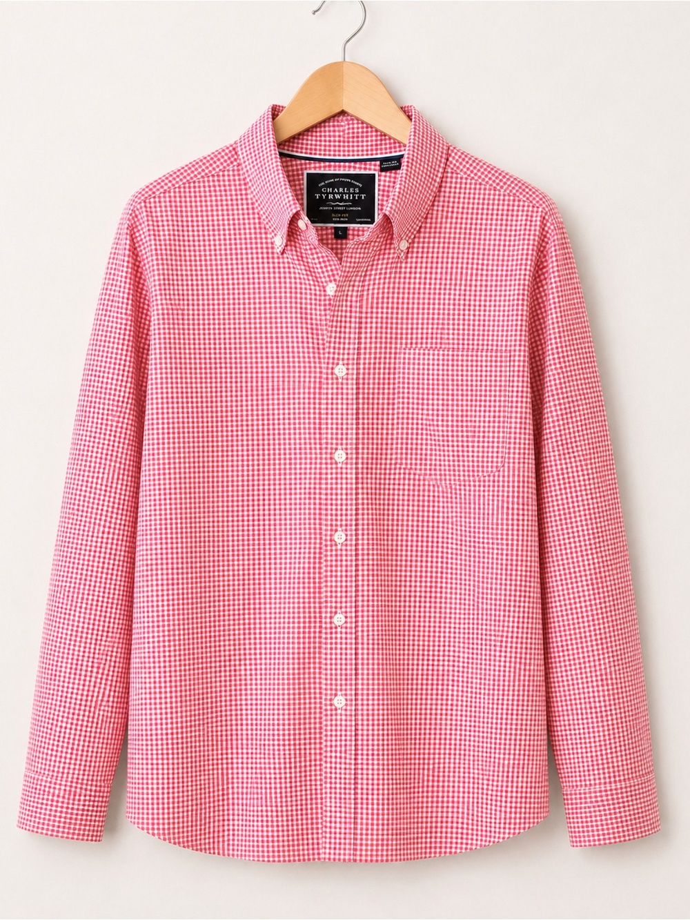 Charles Tyrwhitt Red White Micro Gingham Slim Fit Non-Iron Button-Down Shirt